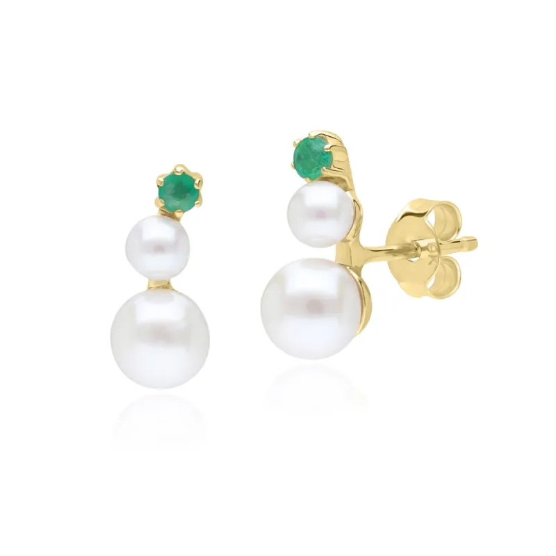 Modern Pearl & Emerald Climber Stud Earrings in 9ct Yellow Gold sold by Gemondo Jewellery