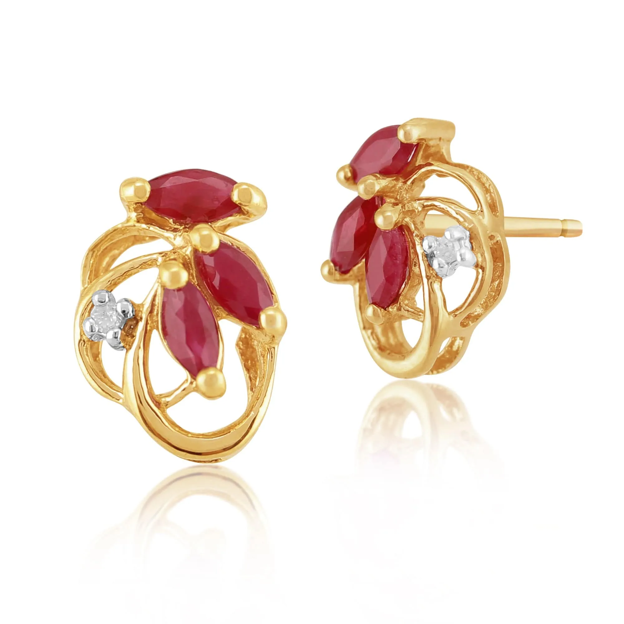 Floral Marquise Ruby & Diamond Stud Earrings in 9ct Yellow Gold sold by Gemondo Jewellery