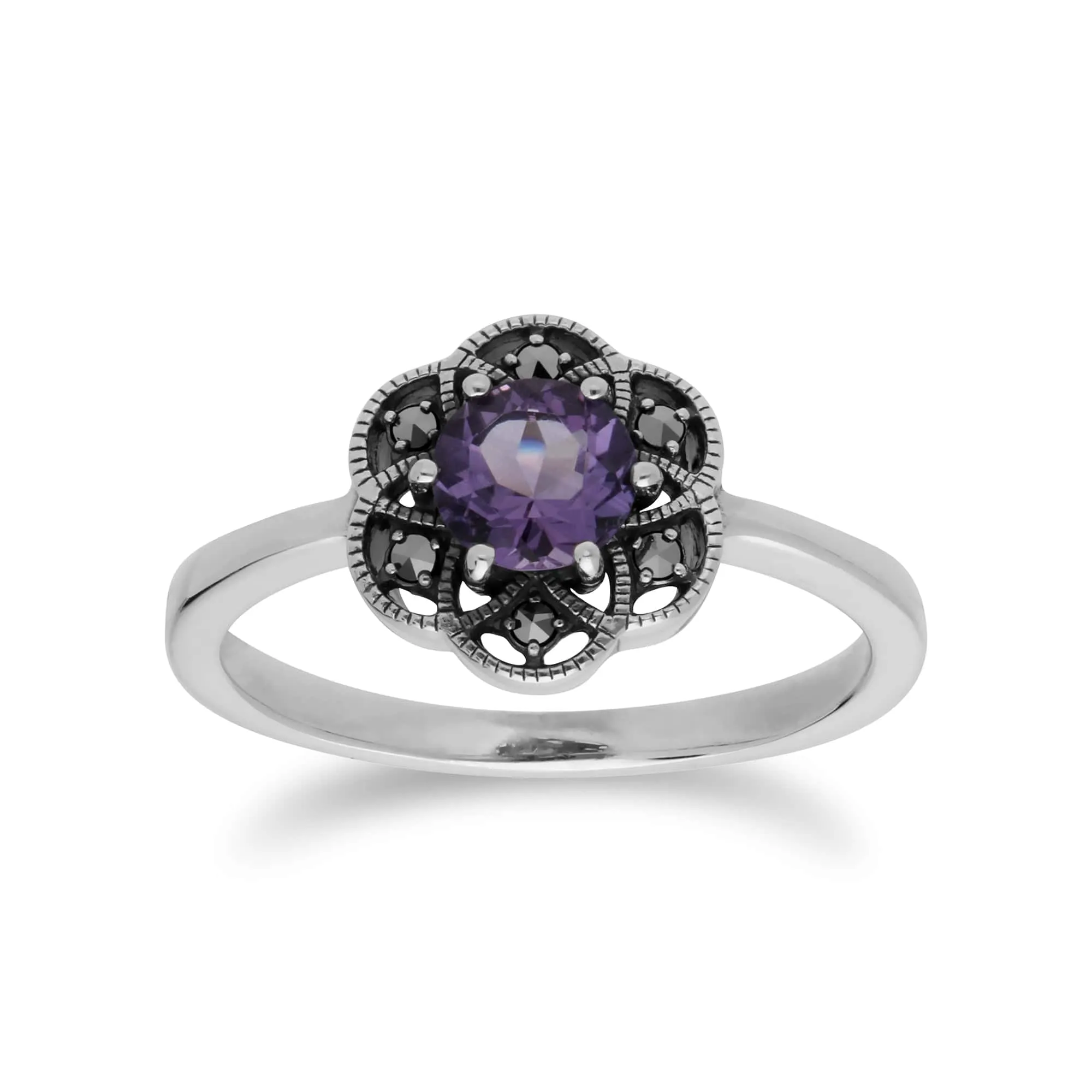 Floral Round Amethyst & Marcasite Silver Daisy Ring sold by Gemondo Jewellery