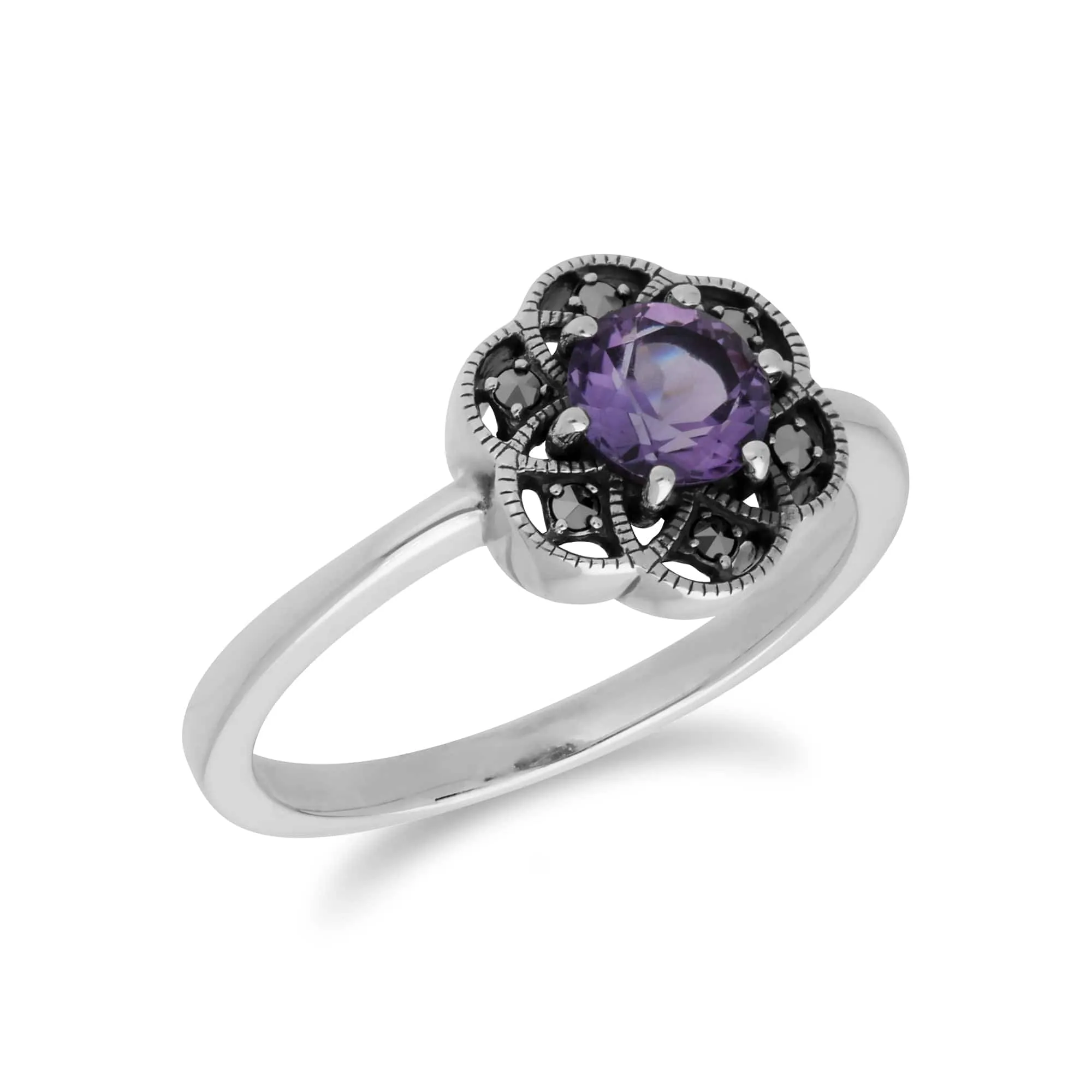 Floral Round Amethyst & Marcasite Silver Daisy Ring sold by Gemondo Jewellery product image thumbnail 2
