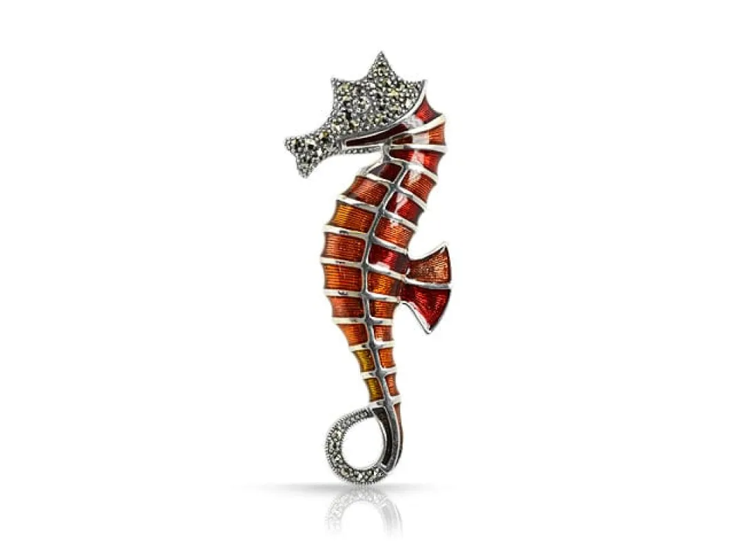 Art Nouveau Style Marcasite & Red Enamel Seahorse Brooch in 925 Sterling Silver made by Gemondo Jewellery