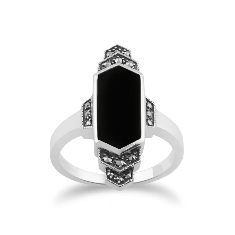 Art Deco Style Hexagon Black Onyx & Marcasite Bar Ring in 925 Sterling Silver sold by Gemondo Jewellery