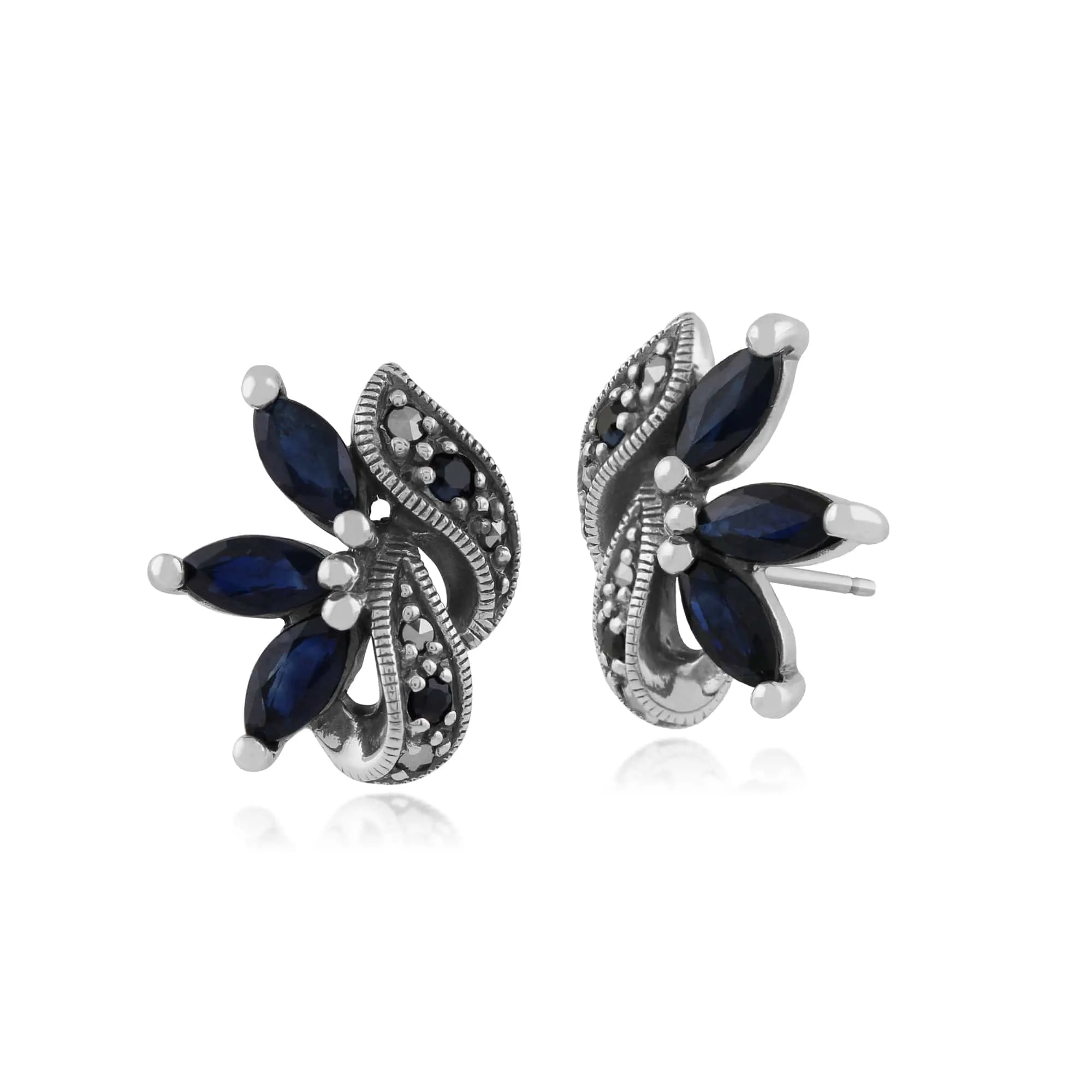 Art Nouveau Marquise Sapphire & Marcasite Leaf Stud Earrings in 925 Sterling Silver sold by Gemondo Jewellery