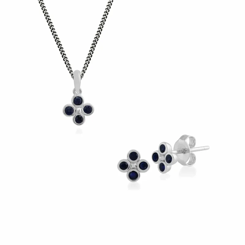 Floral Round Sapphire Clover Stud Earrings & Pendant Set in 925 Sterling Silver sold by Gemondo Jewellery
