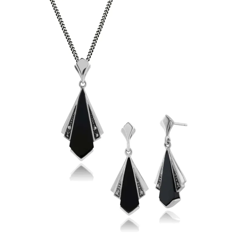 Art Deco Style Black Onyx & Round Marcasite Fan Drop Earrings & Pendant Set in 925 Sterling Silver sold by Gemondo Jewellery