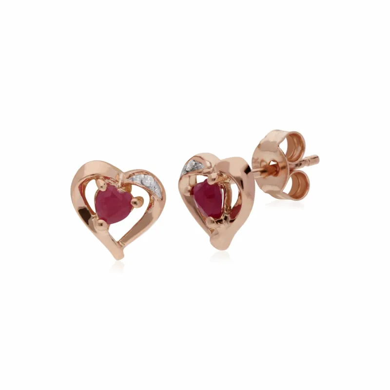 Classic Heart Ruby & Diamond Love Heart Stud Earrings in 9ct Rose Gold sold by Gemondo Jewellery