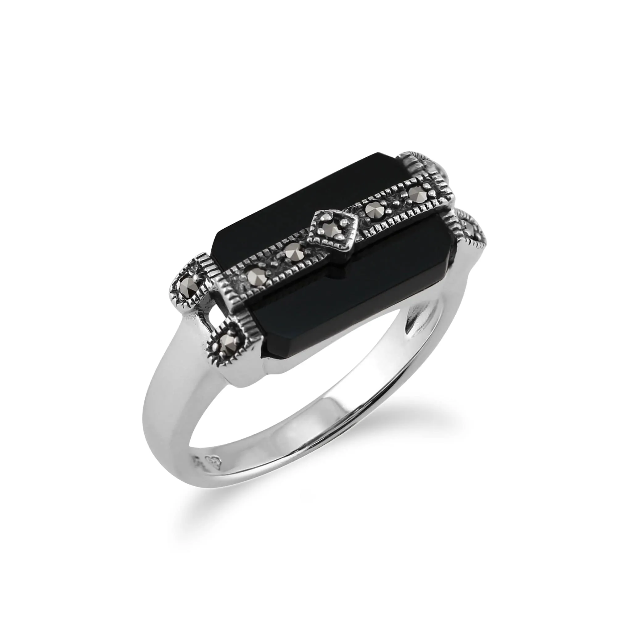 Art Deco Style Rectangle Black Onyx & Marcasite Bar Ring in 925 Sterling Silver sold by Gemondo Jewellery product image thumbnail 2