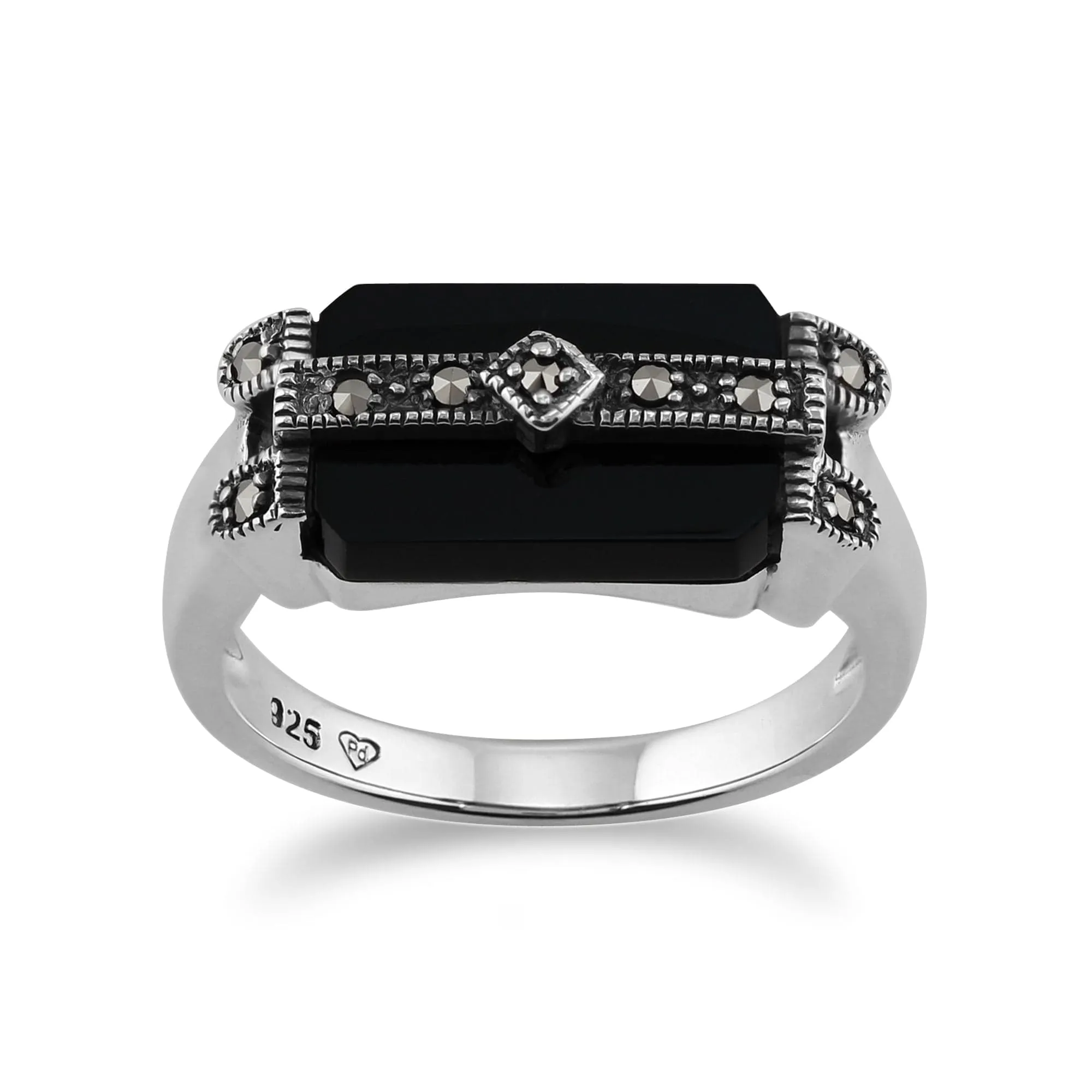Art Deco Style Rectangle Black Onyx & Marcasite Bar Ring in 925 Sterling Silver sold by Gemondo Jewellery