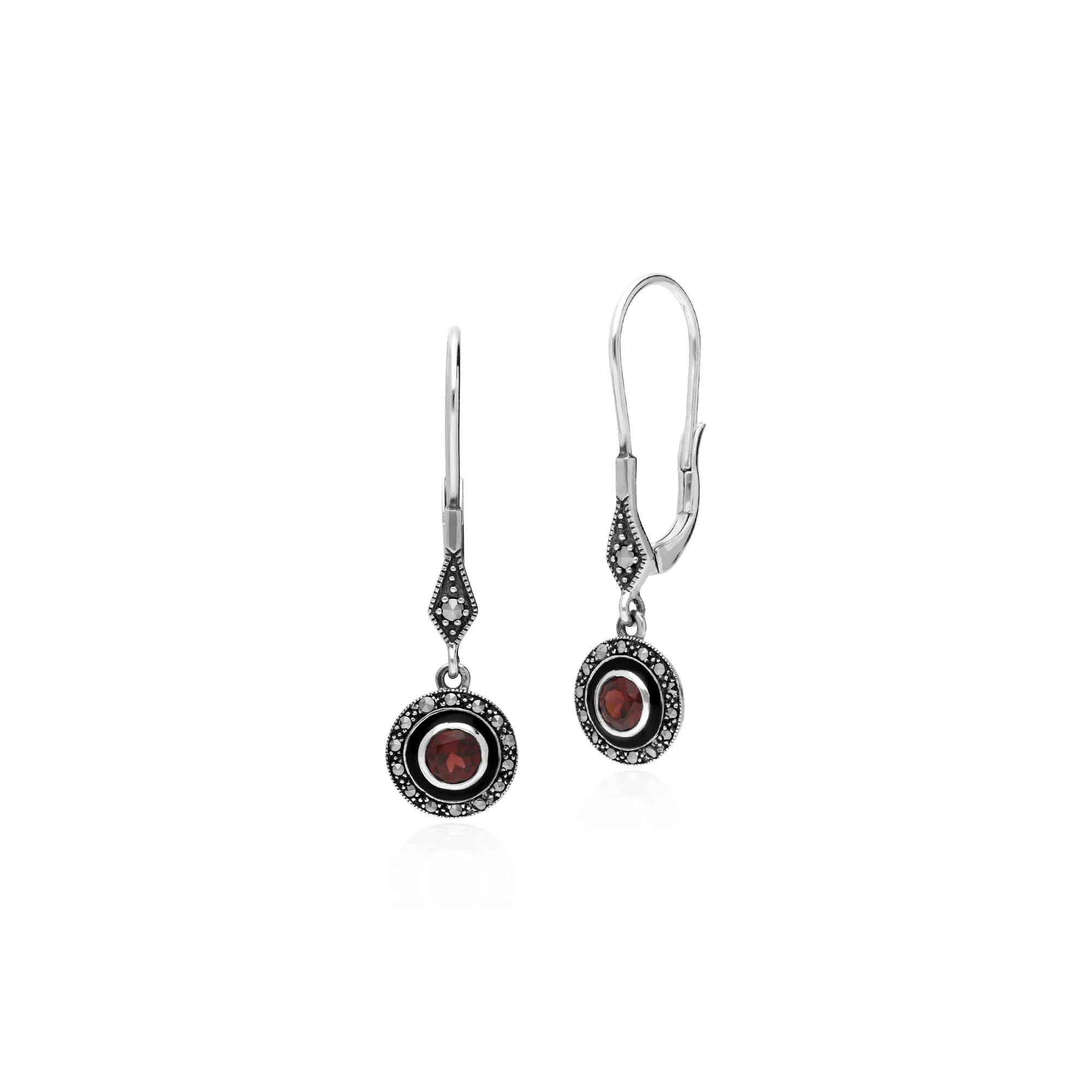 Art Deco Style Round Garnet, Marcasite & Enamel Drop Earrings in 925 Sterling Silver sold by Gemondo Jewellery