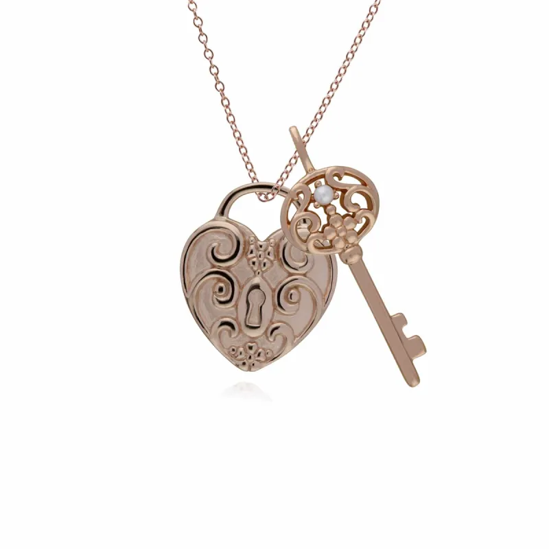 Classic Swirl Heart Lock Pendant & Pearl Big Key Charm in Rose Gold Plated 925 Sterling Silver sold by Gemondo Jewellery