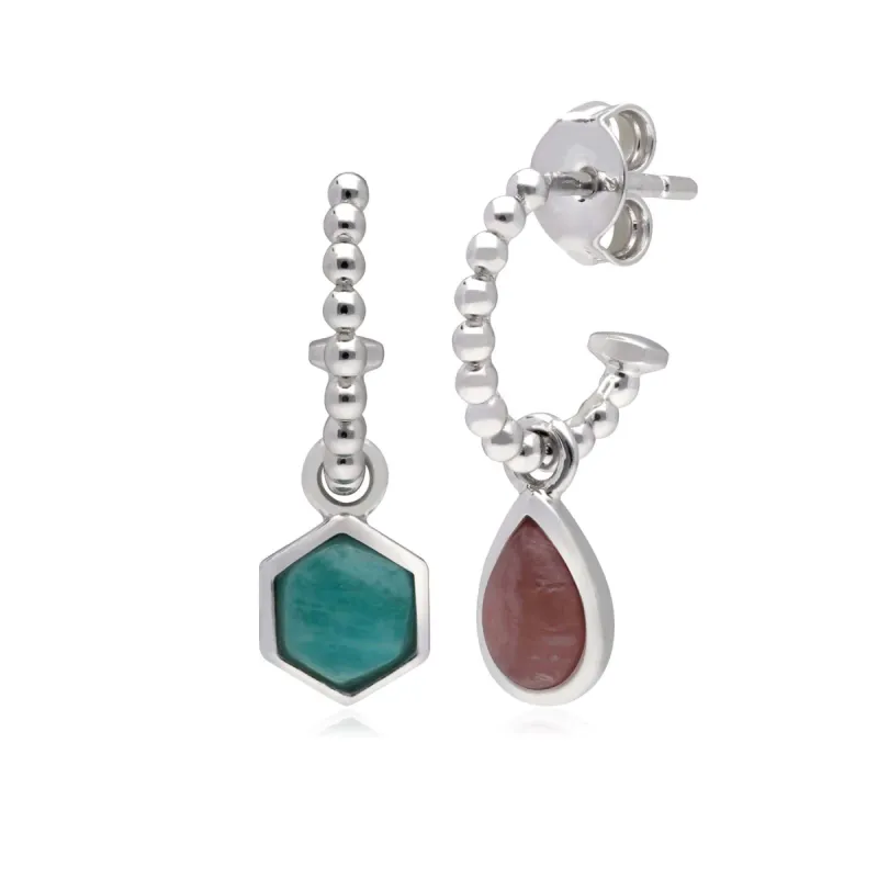 Micro Statement Rhodochrosite & Amazonite Mismatched Hoop Earrings in 925 Sterling Silver sold by Gemondo Jewellery