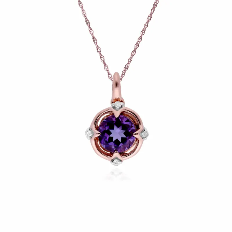Classic Round Amethyst & Diamond Quarterfoil Pendant in 9ct Rose Gold sold by Gemondo Jewellery