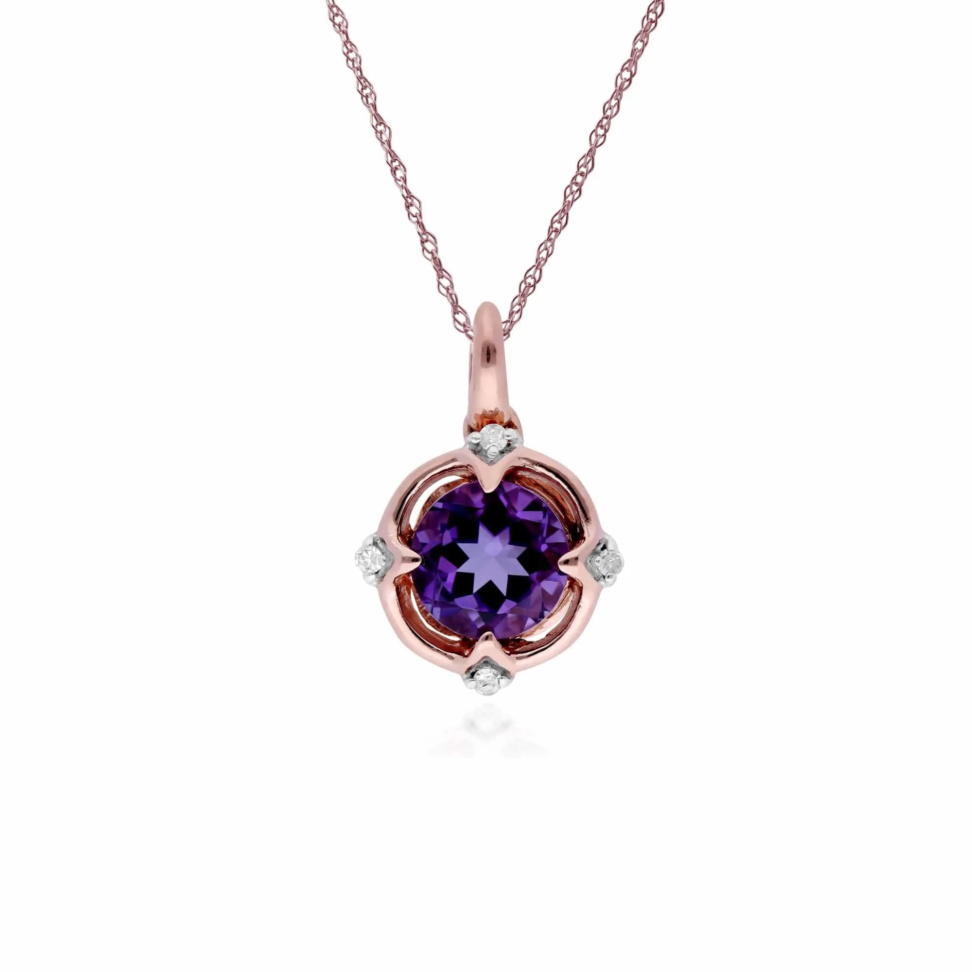 Classic Round Amethyst & Diamond Quarterfoil Pendant in 9ct Rose Gold sold by Gemondo Jewellery