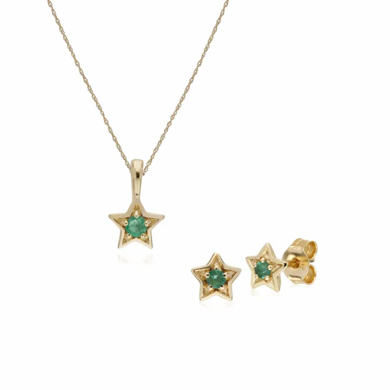 Contemporary Round Emerald Single Stone Star Earrings & Necklace Set in 9ct Yellow Gold sold by Gemondo Jewellery