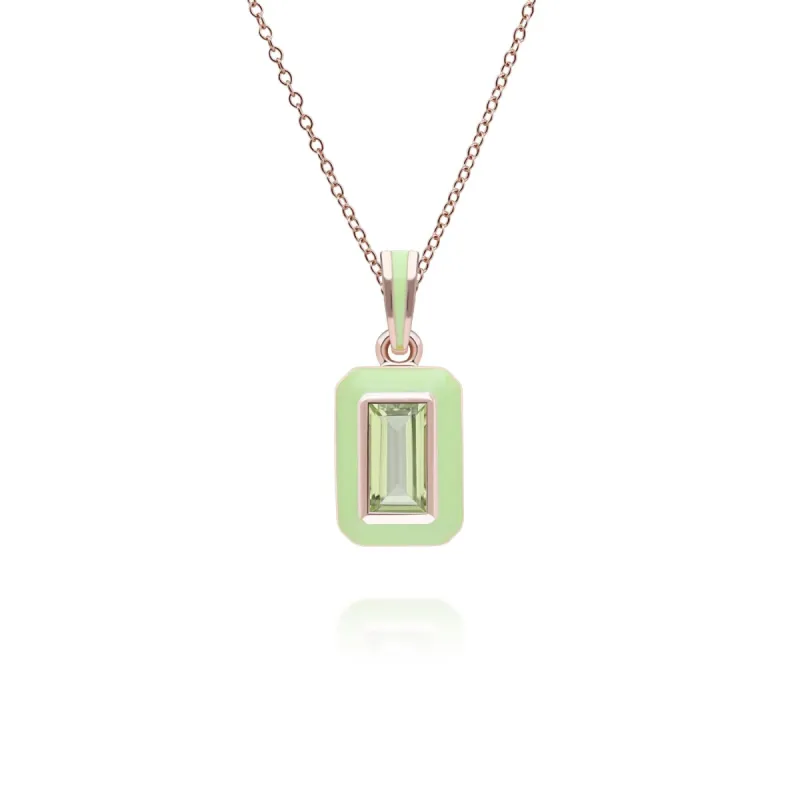 Siberian Waltz Green Enamel & Baguette Peridot Pendant Necklace in Rose Gold Plated Sterling Silver sold by Gemondo Jewellery