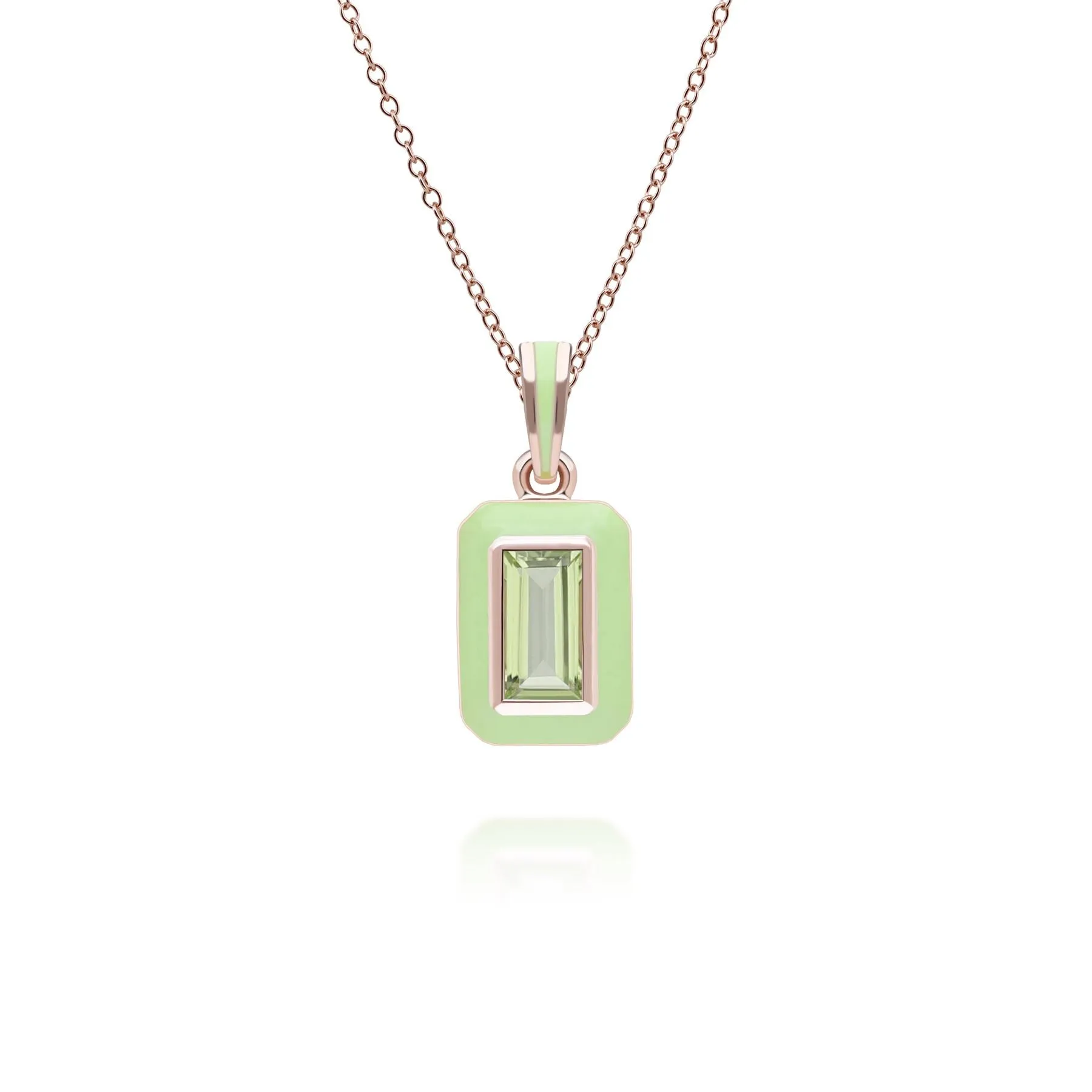 Siberian Waltz Green Enamel & Baguette Peridot Pendant Necklace in Rose Gold Plated Sterling Silver sold by Gemondo Jewellery