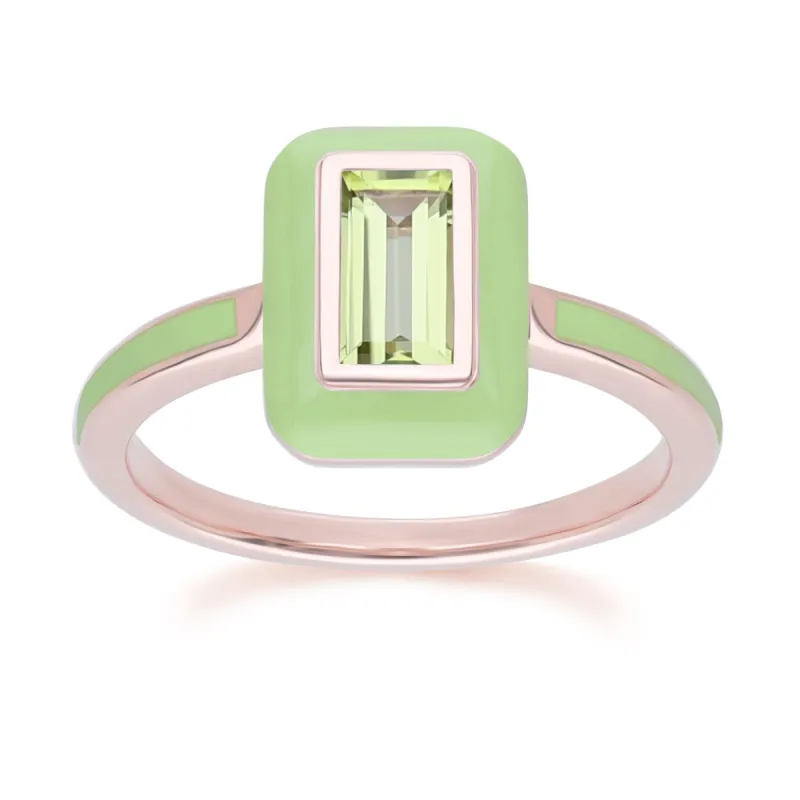 Siberian Waltz Green Enamel & Baguette Peridot Ring in Rose Gold Plated Sterling Silver sold by Gemondo Jewellery