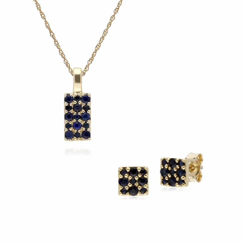 Classic Round Sapphire Cluster Panel Stud Earrings & Pendant Set in 9ct Yellow Gold sold by Gemondo Jewellery