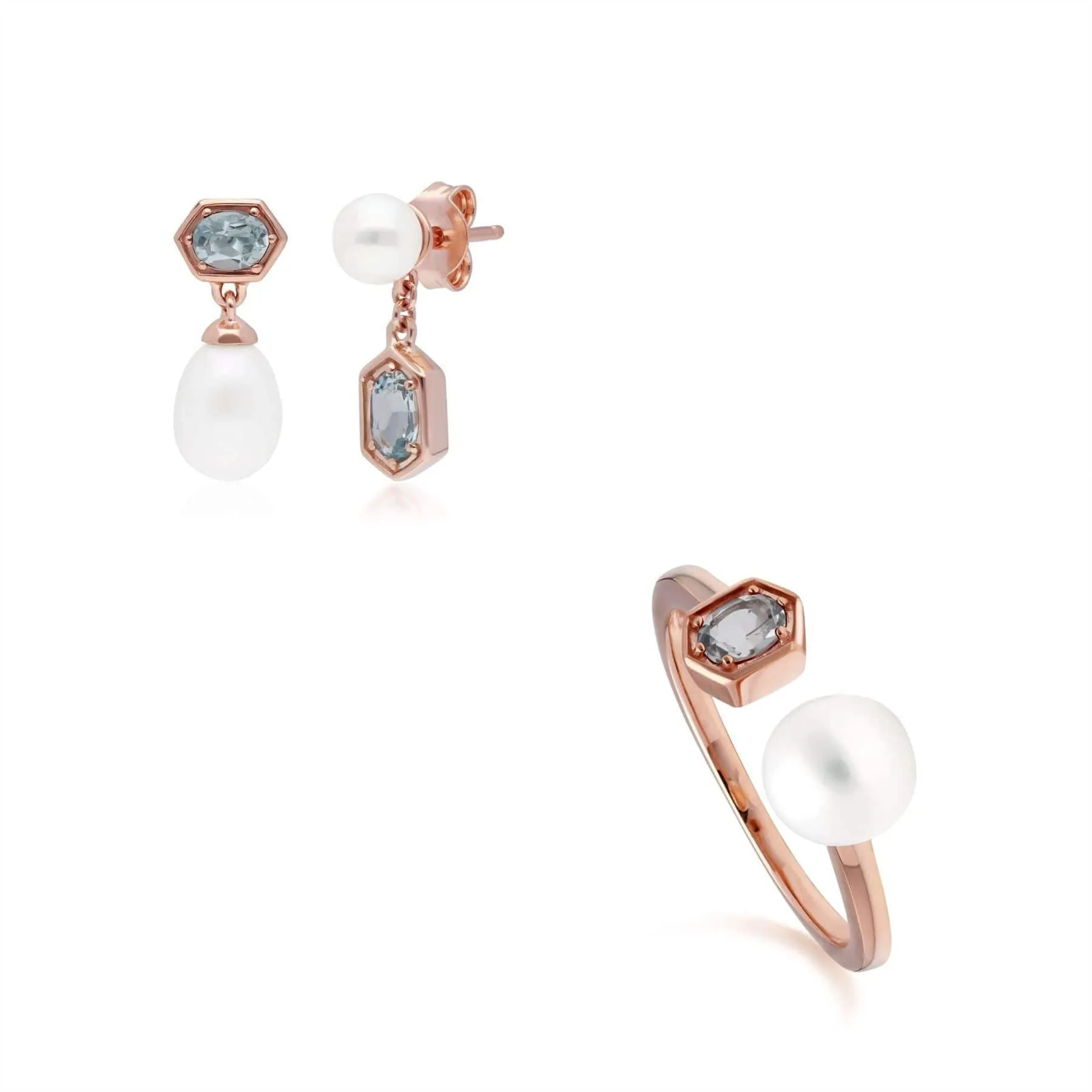 Modern Pearl & Aquamarine Earring & Ring Set in Rose Gold Plated Silver sold by Gemondo Jewellery