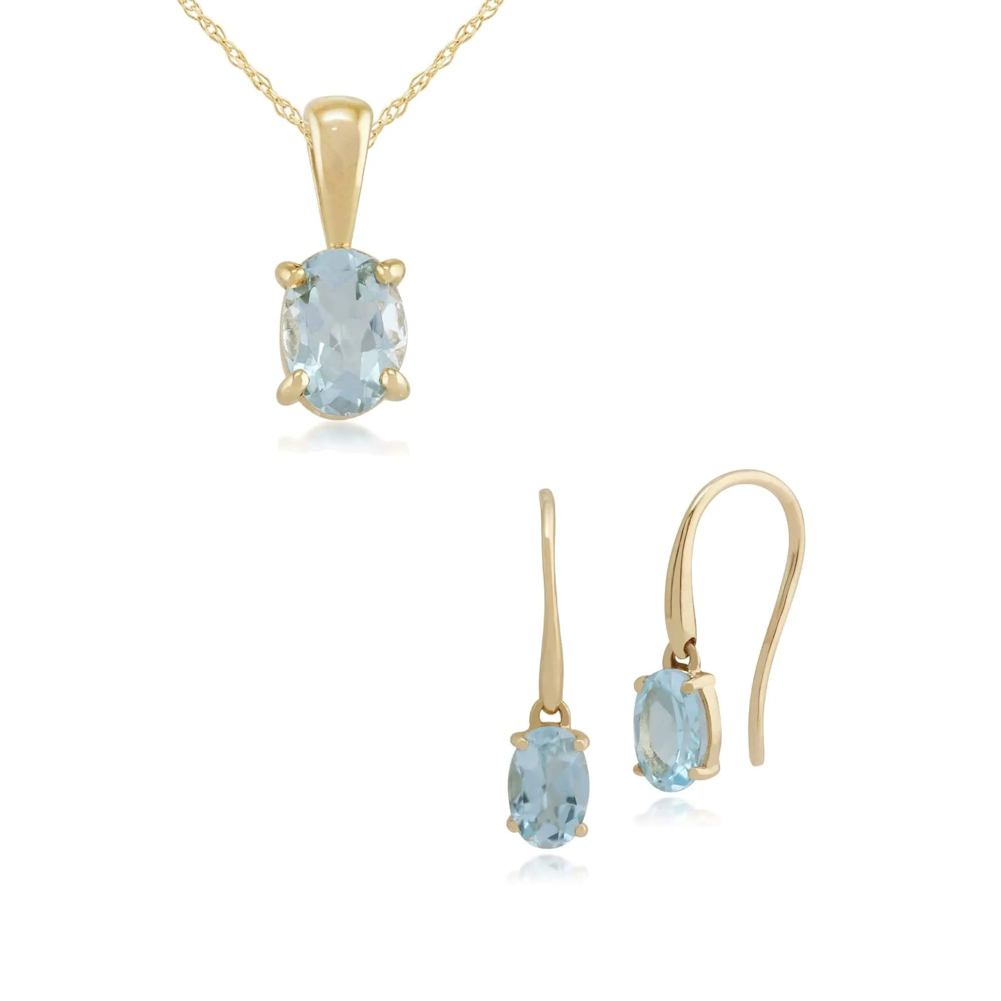 Classic Oval Aquamarine Single Stone Drop Earrings & Pendant Set in 9ct Yellow Gold sold by Gemondo Jewellery