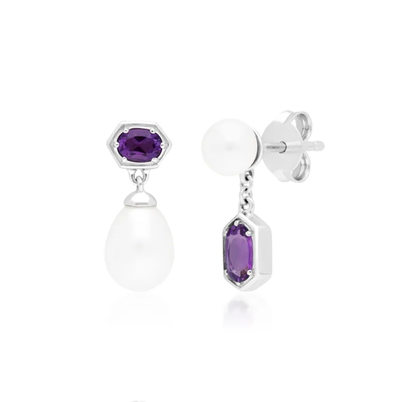 Modern Pearl & Amethyst Drop Earrings in Sterling Silver sold by Gemondo Jewellery