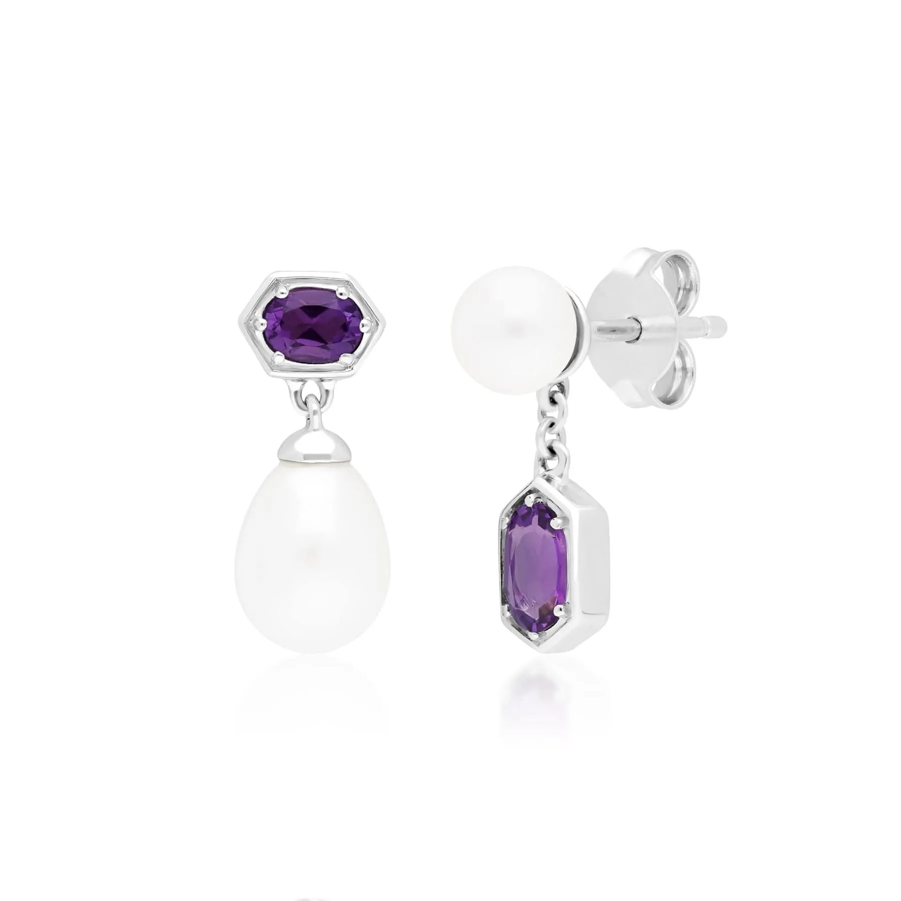 Modern Pearl & Amethyst Drop Earrings in Sterling Silver sold by Gemondo Jewellery
