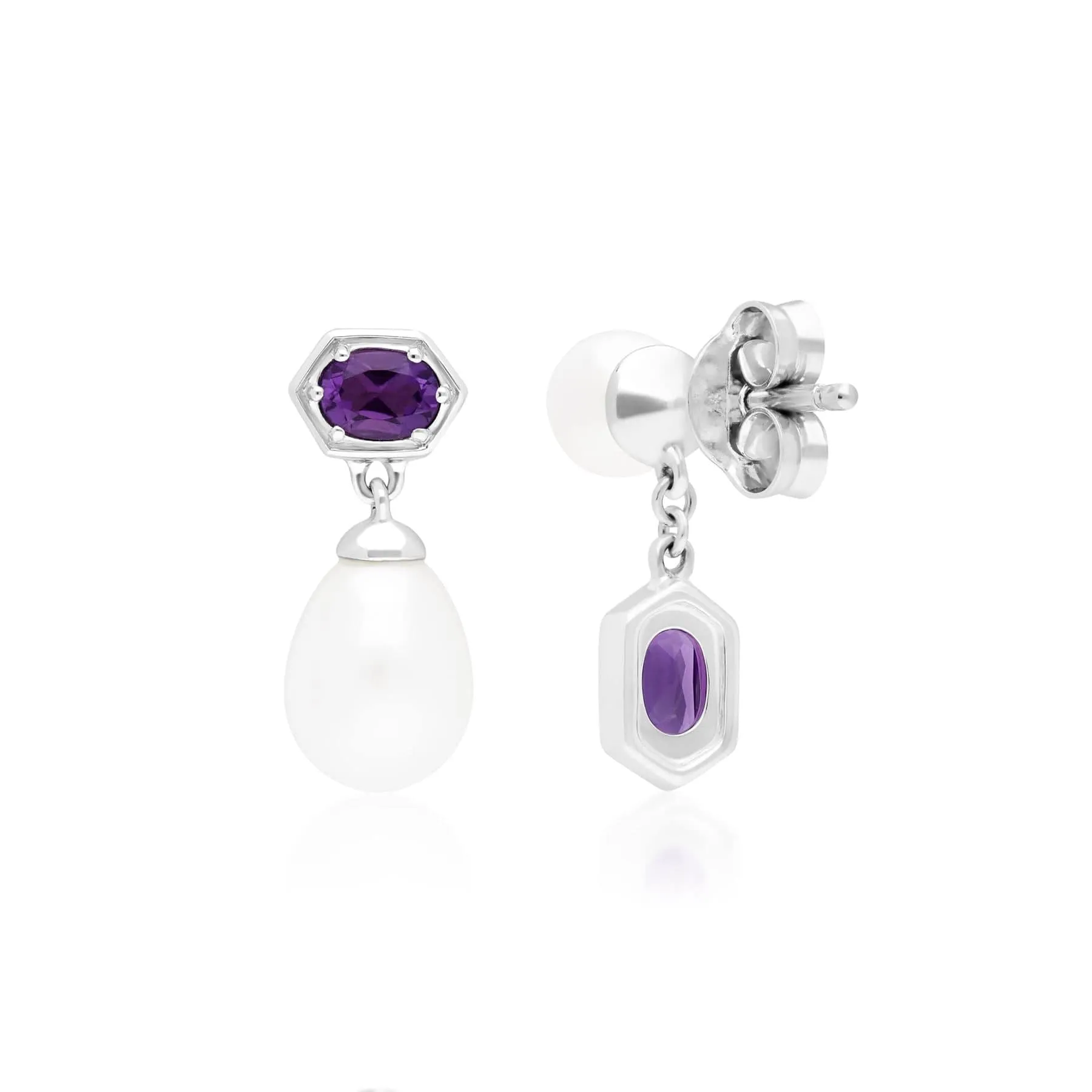 Modern Pearl & Amethyst Drop Earrings in Sterling Silver sold by Gemondo Jewellery product image thumbnail 2