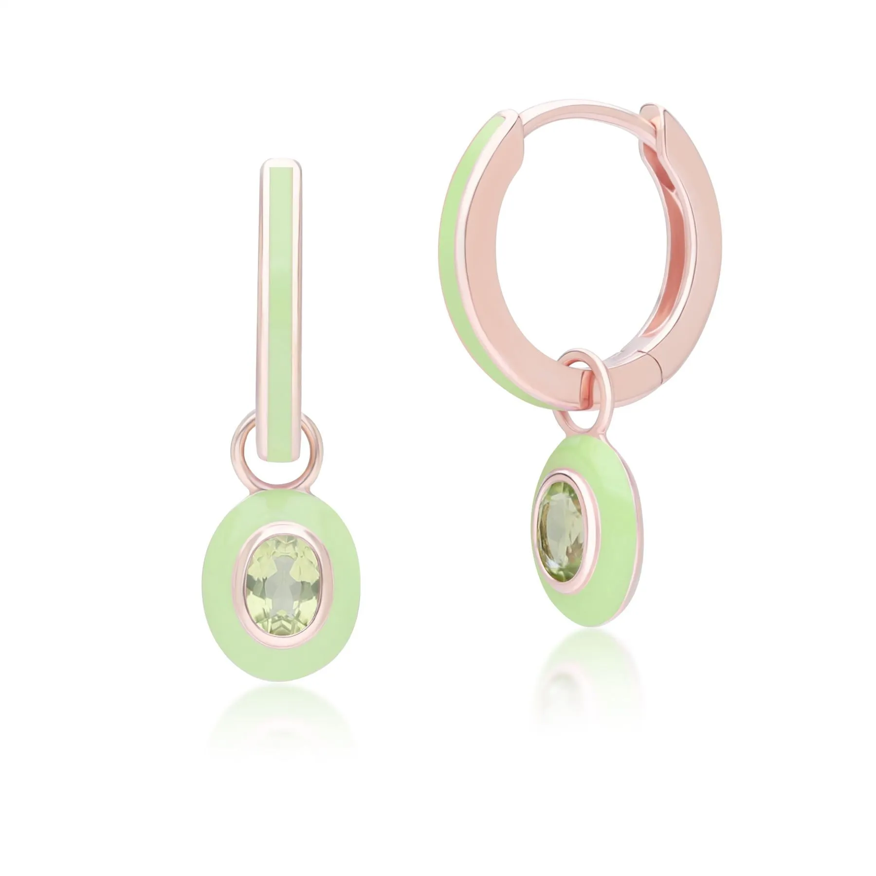 Siberian Waltz Green Enamel & Oval Peridot Hoop Earrings in Rose Gold Plated Sterling Silver sold by Gemondo Jewellery