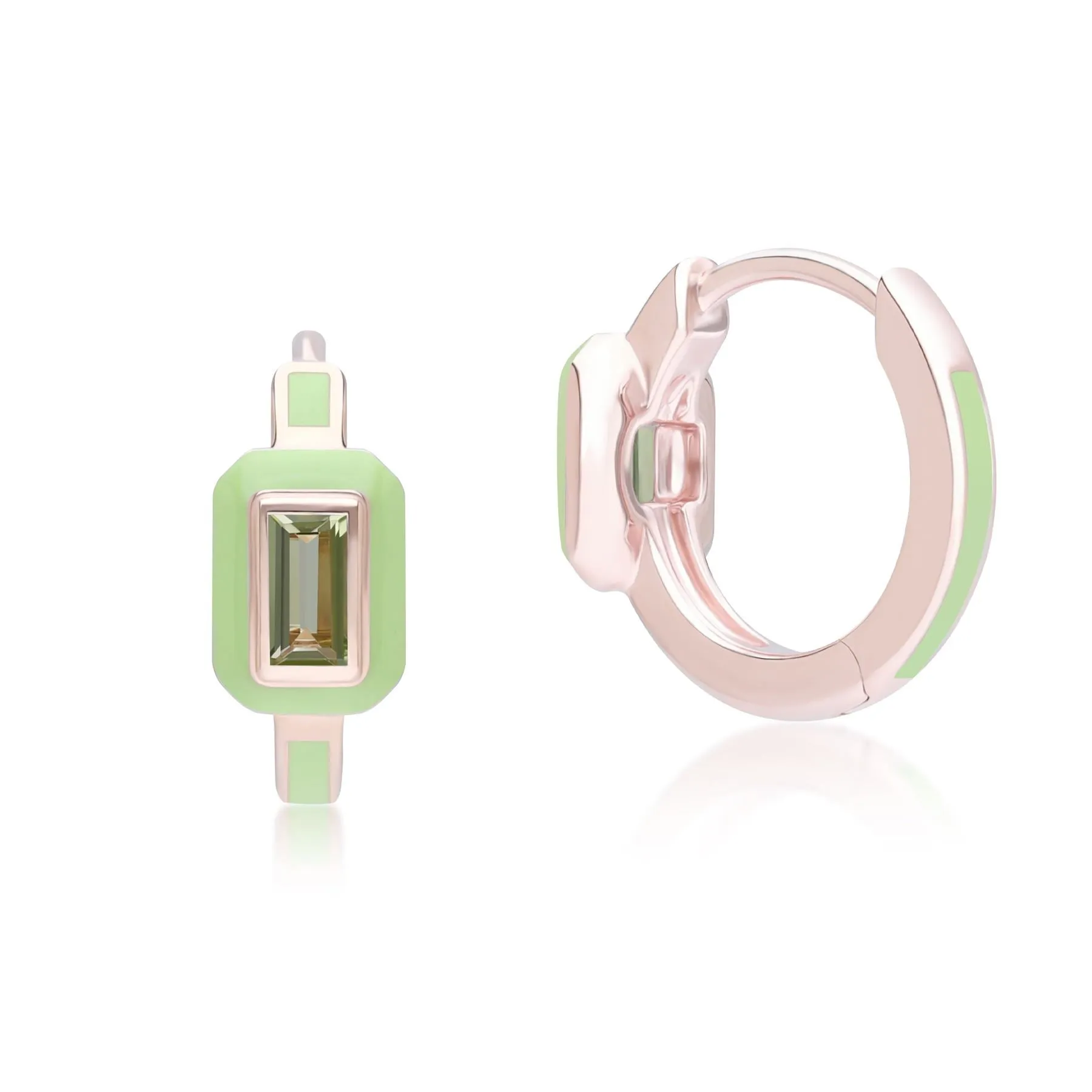 Siberian Waltz Green Enamel & Baguette Peridot Hoop Earrings in Rose Gold Plated Sterling Silver sold by Gemondo Jewellery product image thumbnail 2