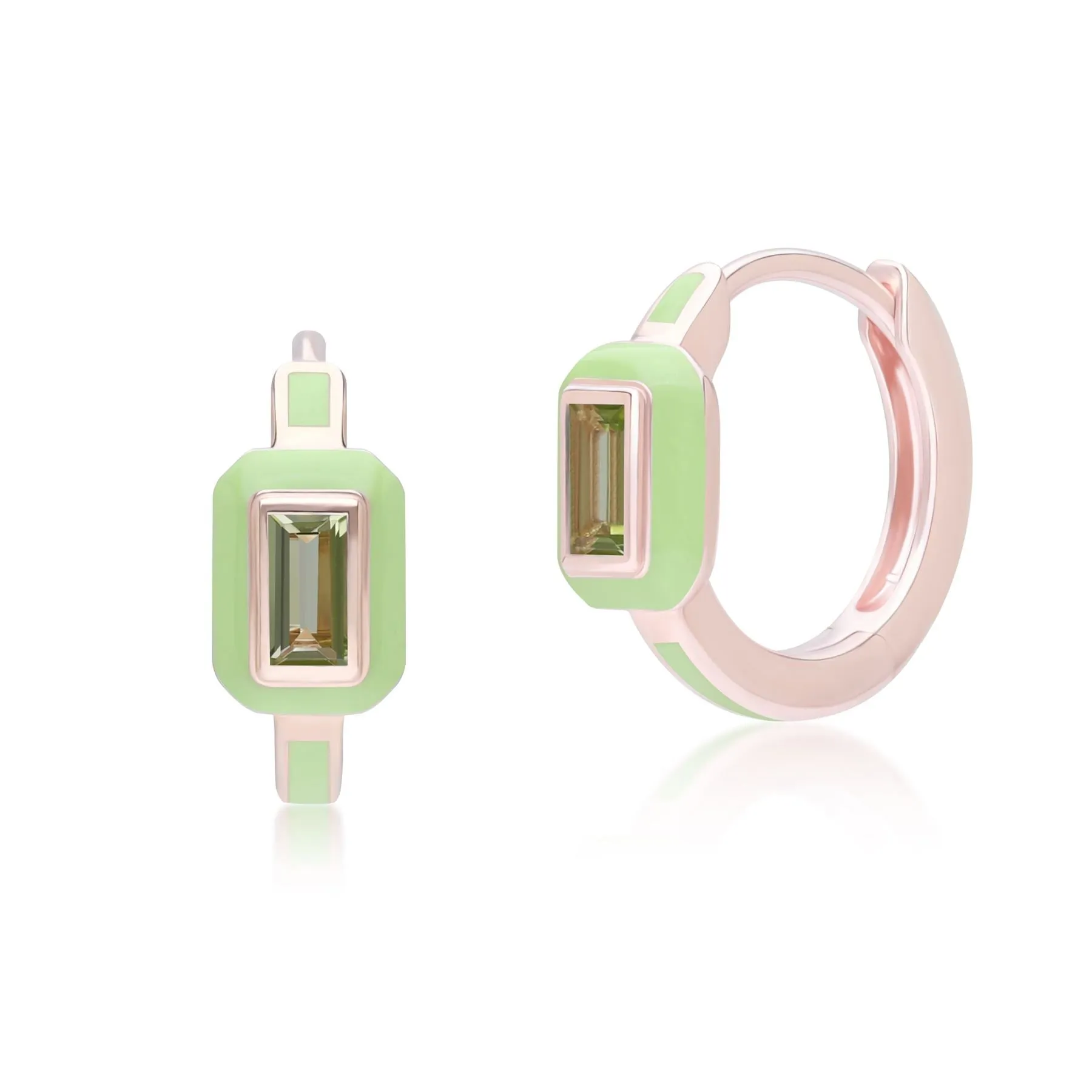 Siberian Waltz Green Enamel & Baguette Peridot Hoop Earrings in Rose Gold Plated Sterling Silver sold by Gemondo Jewellery