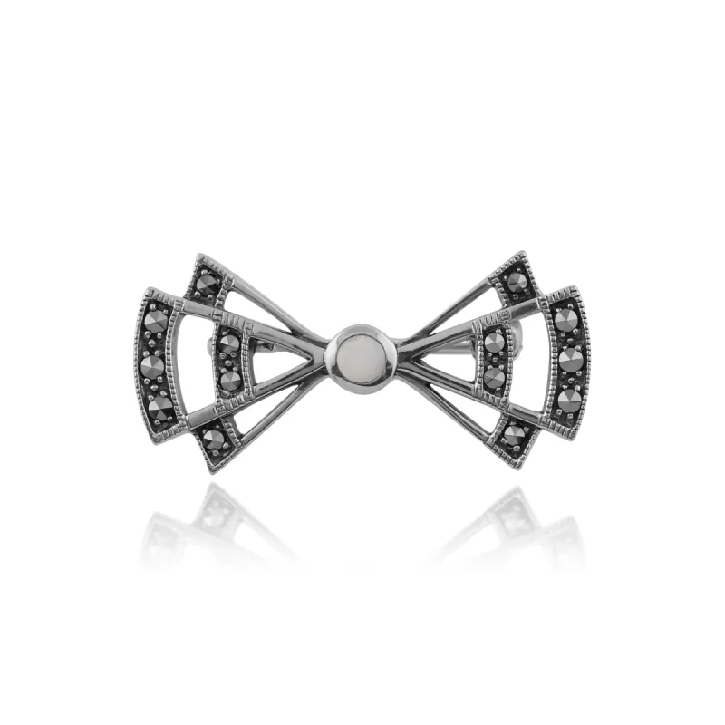 Art Deco Style Round Opal & Marcasite Openwork Fan Brooch in 925 Sterling Silver sold by Gemondo Jewellery