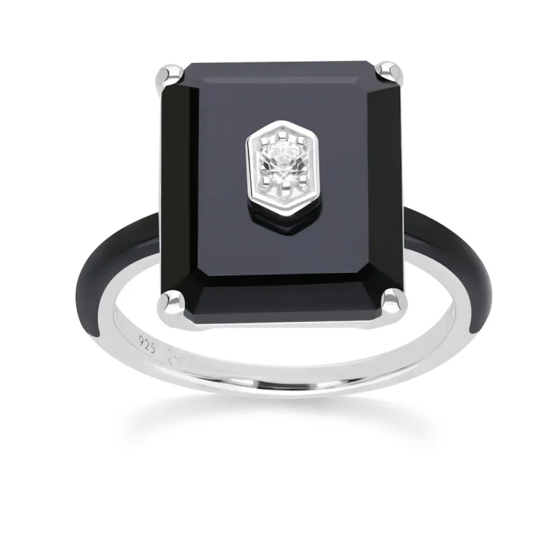 Grand Deco Black Onyx & Topaz Statement Ring In Sterling Silver sold by Gemondo Jewellery