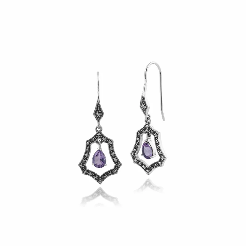 Art Nouveau Style Pear Amethyst & Marcasite Halo Drop Earrings in 925 Sterling Silver sold by Gemondo Jewellery