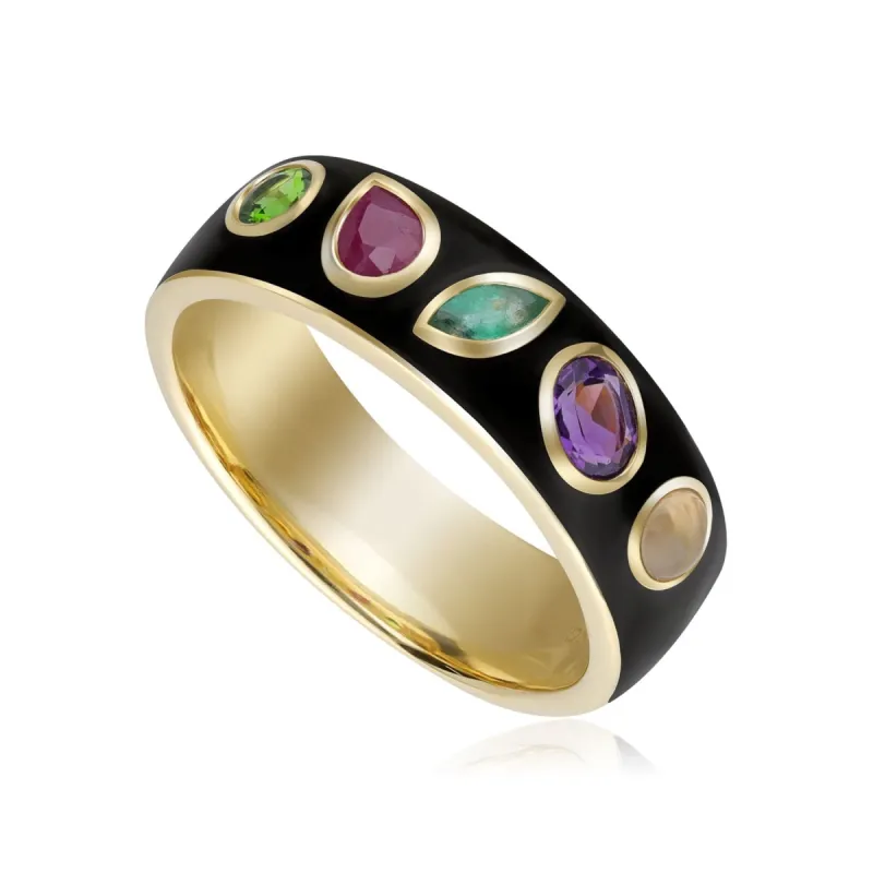 Coded Whispers Black Enamel 'Dream' Acrostic Gemstone Ring In Yellow Gold Plated Silver sold by Gemondo Jewellery