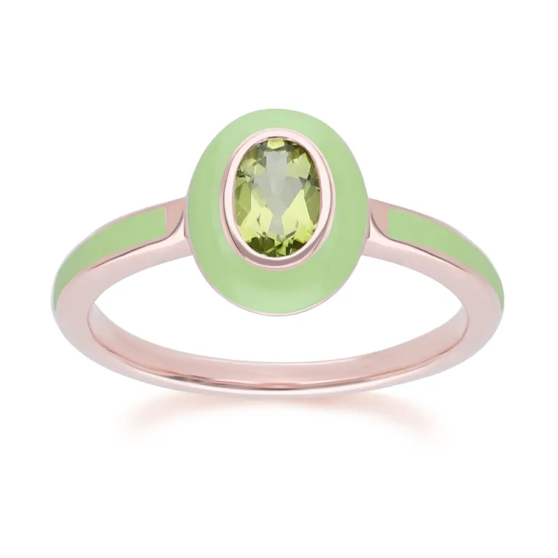Siberian Waltz Green Enamel & Oval Peridot Ring in Rose Gold Plated Sterling Silver sold by Gemondo Jewellery