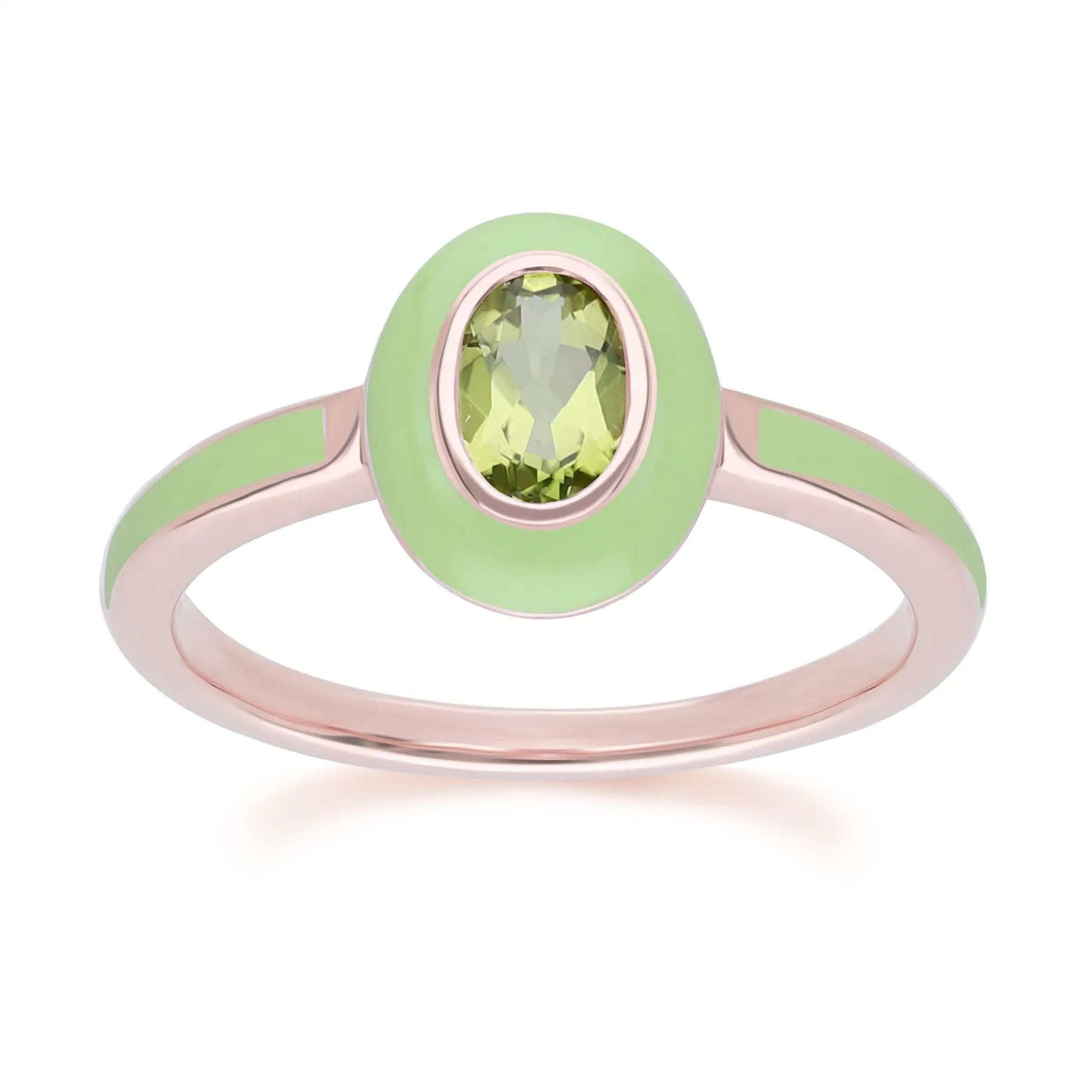 Siberian Waltz Green Enamel & Oval Peridot Ring in Rose Gold Plated Sterling Silver sold by Gemondo Jewellery