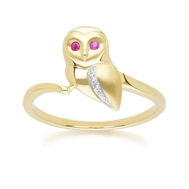 Gardenia Ruby and White Sapphire Owl Ring in 9ct Yellow Gold sold by Gemondo Jewellery