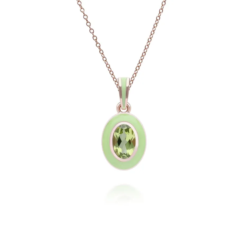 Siberian Waltz Green Enamel & Oval Peridot Pendant Necklace in Rose Gold Plated Sterling Silver sold by Gemondo Jewellery