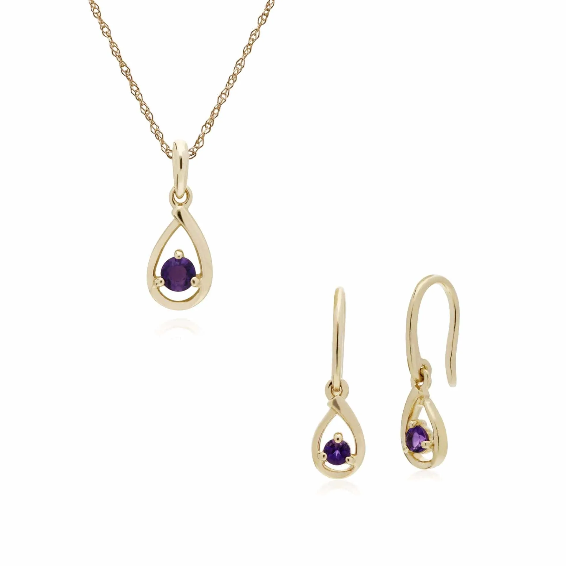 Classic Round Amethyst Single Stone Tear Drop Earrings & Necklace Set in 9ct Yellow Gold sold by Gemondo Jewellery