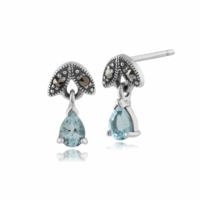 Art Nouveau Style Pear Aquamarine & Marcasite Drop Earrings in 925 Sterling Silver sold by Gemondo Jewellery