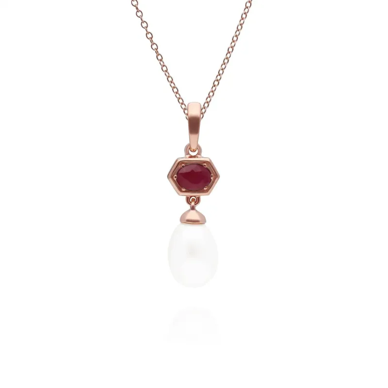 Modern Pearl & Ruby Hexagon Drop Pendant in Rose Gold Plated Silver sold by Gemondo Jewellery