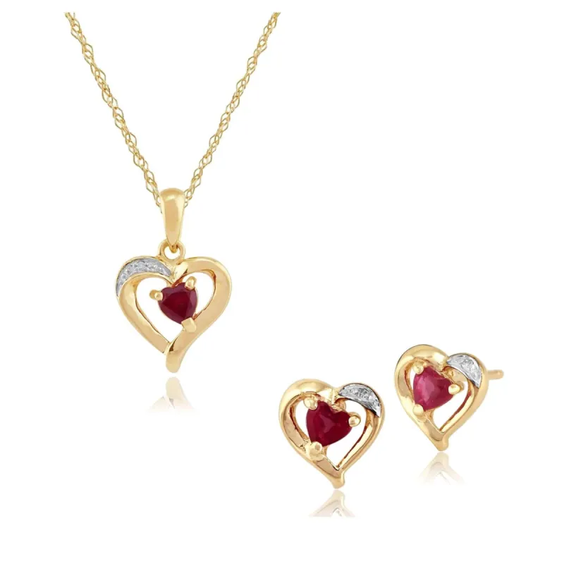 Classic Heart Ruby & Diamond Heart Stud Earrings & Pendant Set in 9ct Gold sold by Gemondo Jewellery