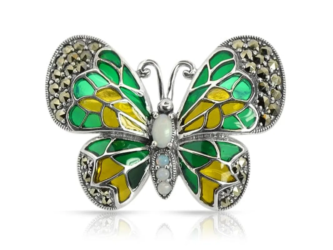 Art Nouveau Style Opal Marcasite & Enamel Butterfly Brooch in Sterling Silver sold by Gemondo Jewellery
