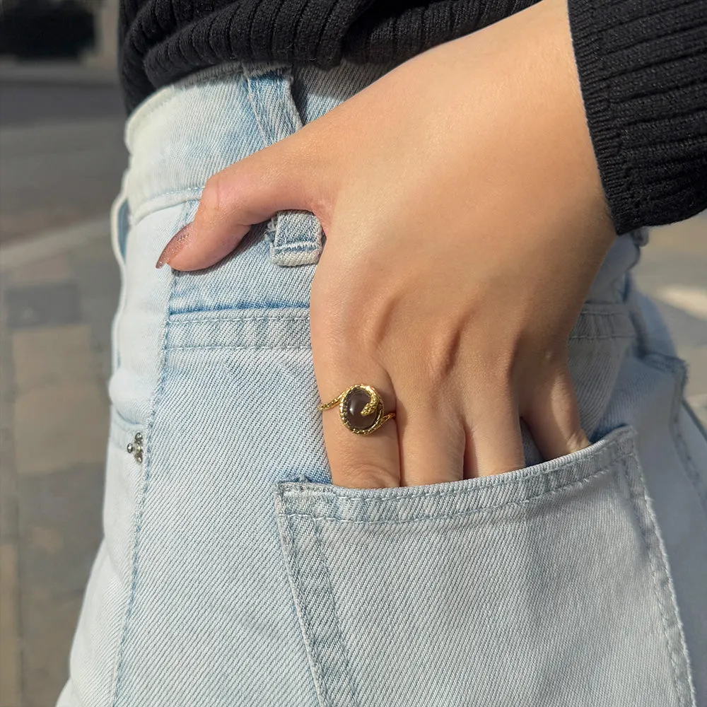 ECFEW™ Black Oval Moonstone Winding Snake Ring In Gold Plated Sterling Silver sold by Gemondo Jewellery product image thumbnail 2