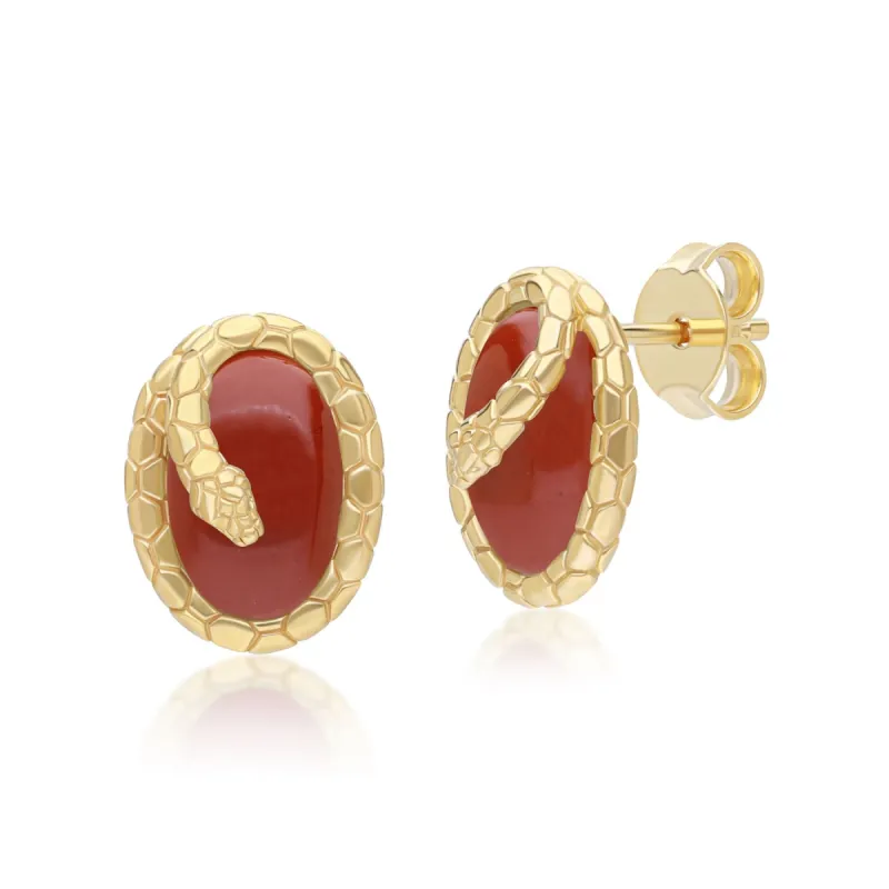 ECFEWâ„¢ Red Jasper Winding Snake Stud Earrings In Gold Plated Sterling Silver made by Gemondo Jewellery