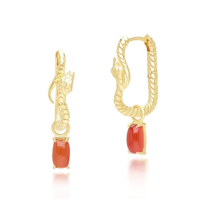 ECFEW™ Carnelian Snake Dangle Hoop Earrings in Gold Plated Sterling Silver sold by Gemondo Jewellery