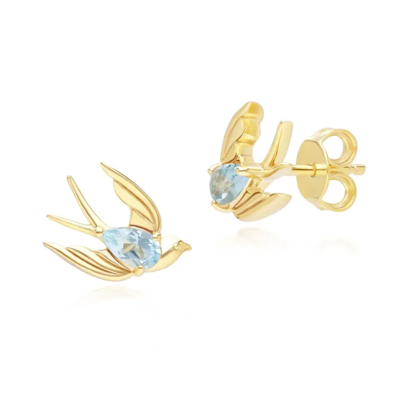 ECFEW™ Creator Blue Topaz Hummingbird Stud Earrings in Gold Plated Sterling Silver sold by Gemondo Jewellery