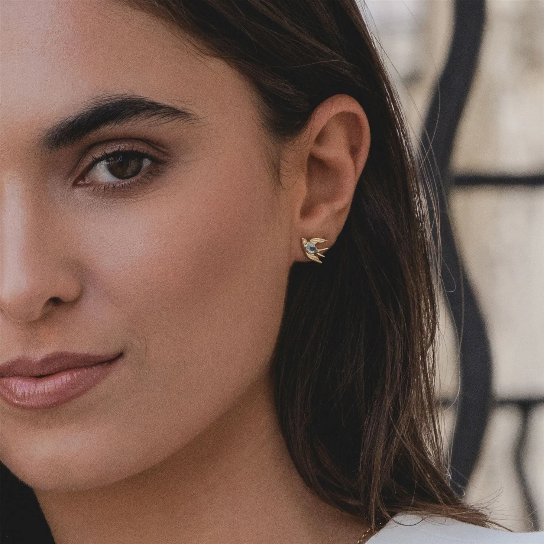 ECFEW™ Creator Blue Topaz Hummingbird Stud Earrings in Gold Plated Sterling Silver sold by Gemondo Jewellery product image thumbnail 2