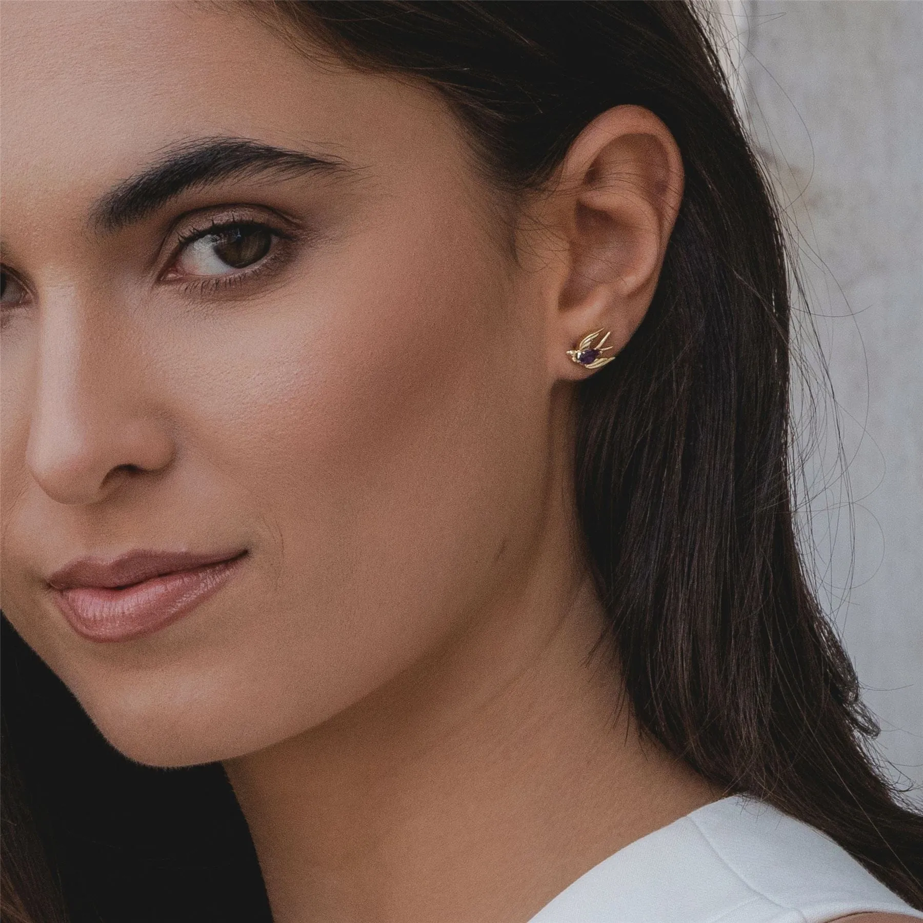 ECFEW™ Creator Amethyst Hummingbird Stud Earrings in Gold Plated Sterling Silver sold by Gemondo Jewellery product image thumbnail 2