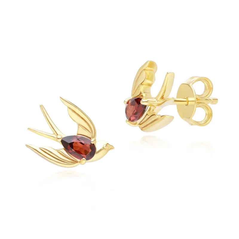 ECFEW™ Creator Garnet Hummingbird Stud Earrings in Gold Plated Sterling Silver sold by Gemondo Jewellery